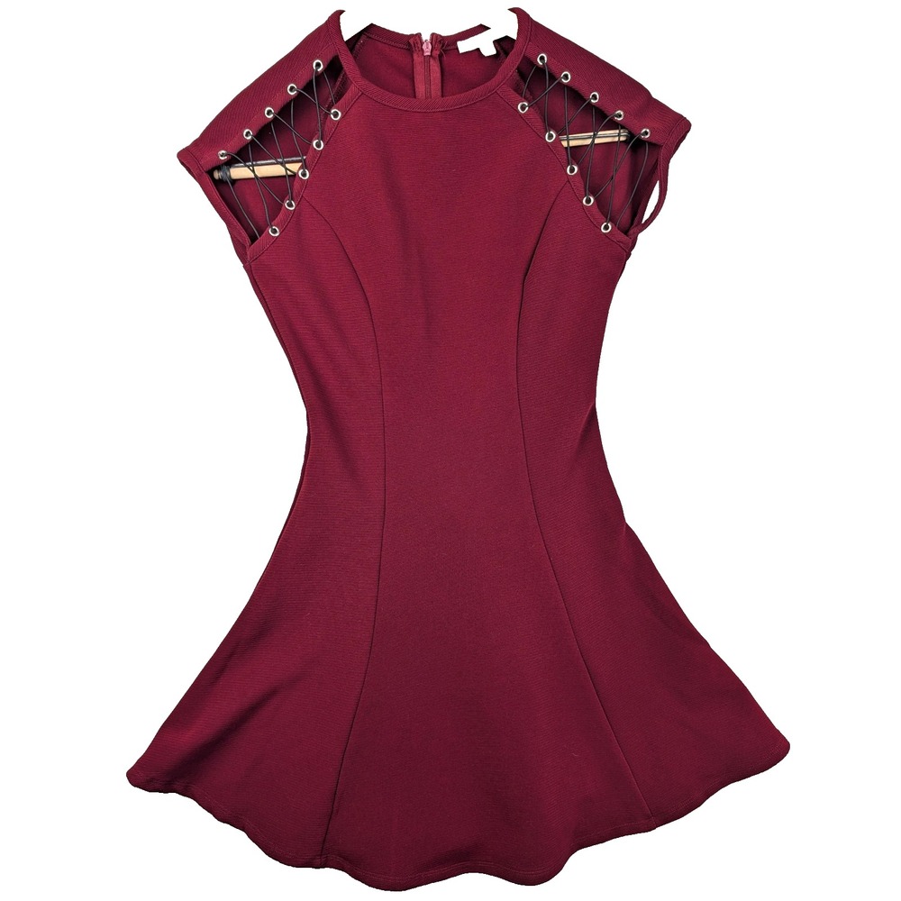 Charlette Russe Flare Grommet Lace Up Shoulder Cutouts Hourglass S Burgundy